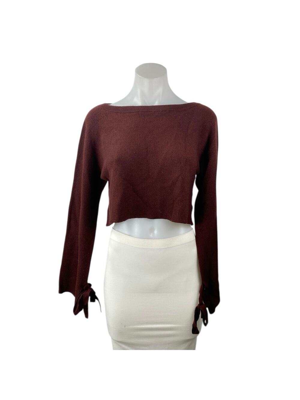 Aritzia Wilfred 100% Merino Wool Brown Knit Long Sleeve Crop Sweater Top Sz XXS